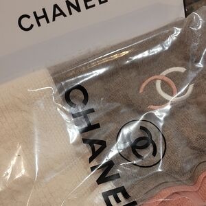 CHANEL Gray, Pink & Cream Knit Logo Scarf